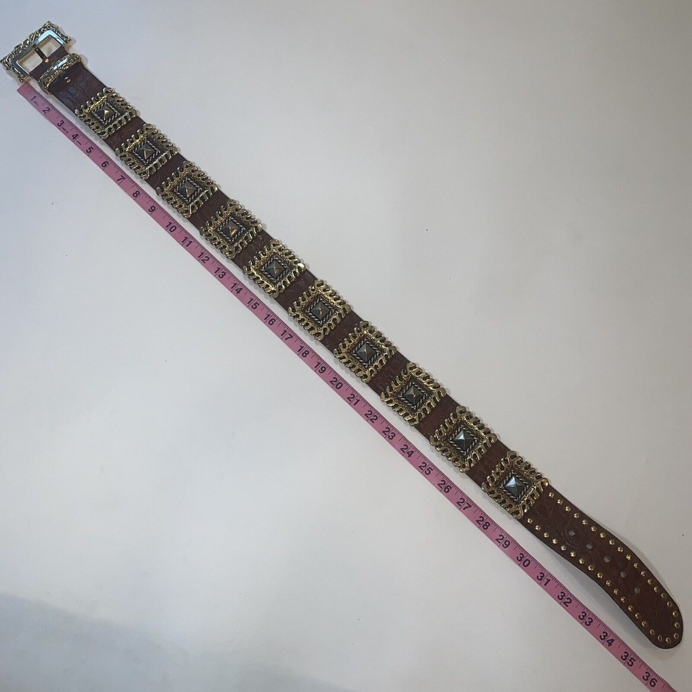 NANNI Italy Brown Leather Silver Gold Stud Belt Croc Boho Stud Size 85/34 - Picture 5 of 9